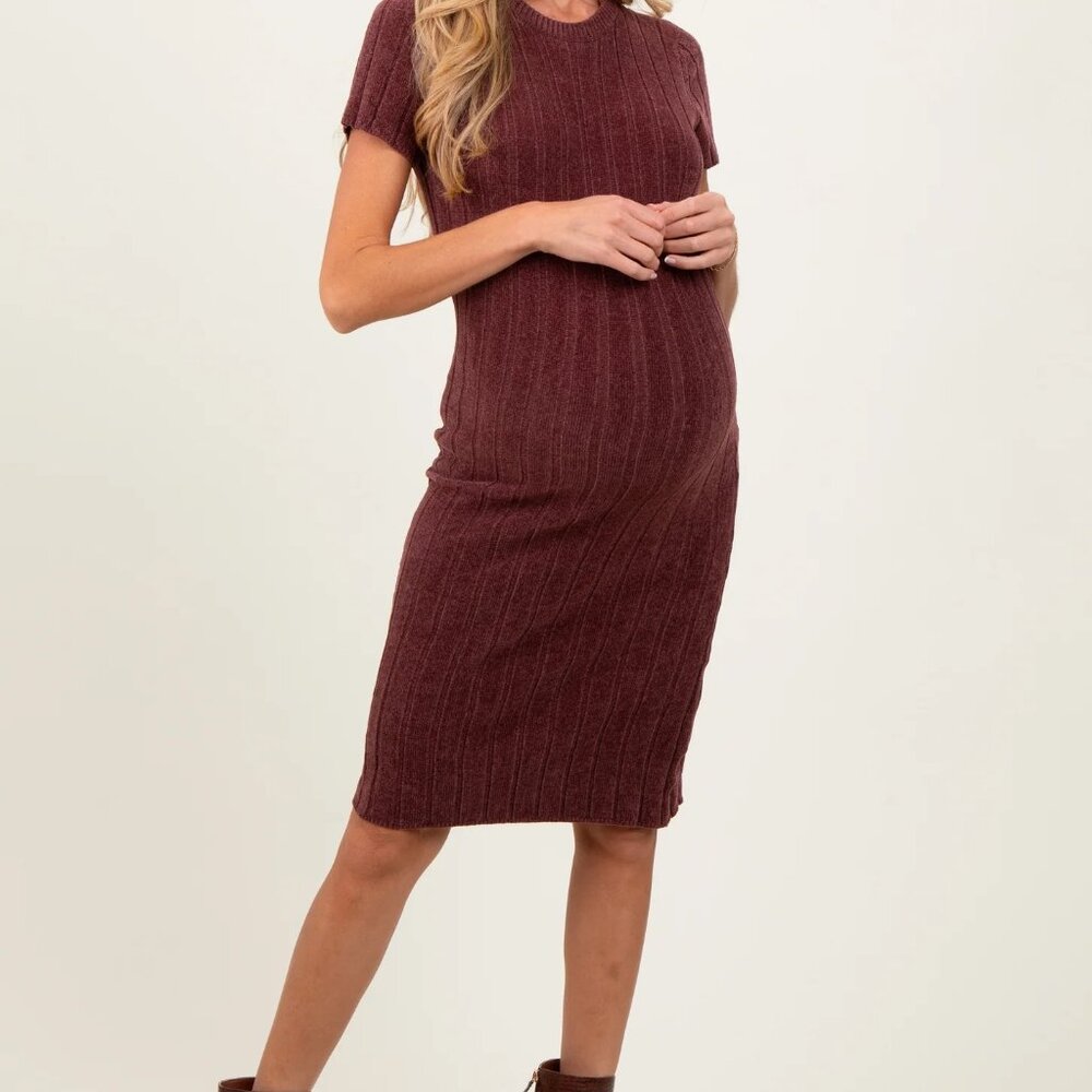 PinkBlush Brown Chenille Knit Short Sleeve Maternity Sweater Dress — Size Large